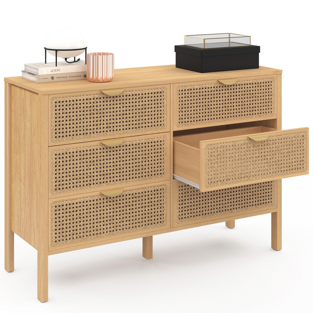 Commode 6 tiroirs EDHEN 115 cm bois et cannage