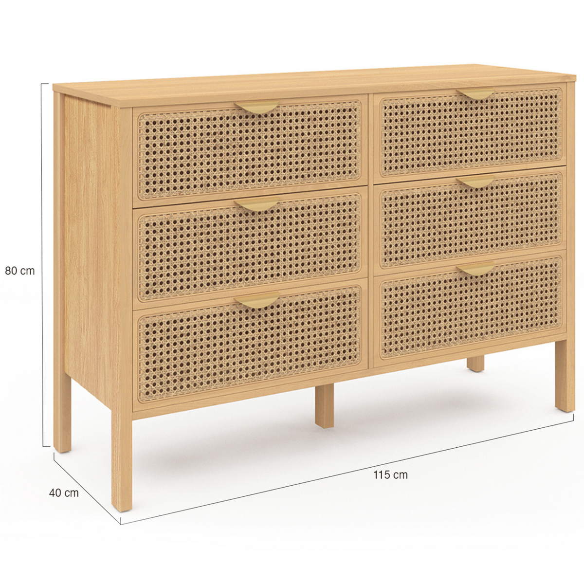 Commode 6 tiroirs EDHEN 115 cm bois et cannage