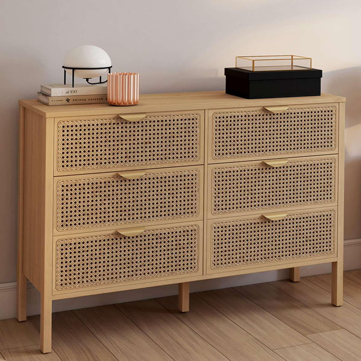 Commode 6 tiroirs EDHEN 115 cm bois et cannage