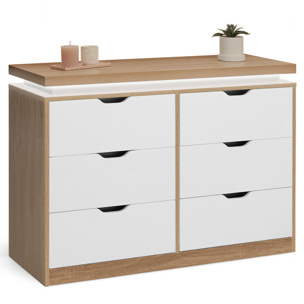 Commode 6 tiroirs LUNA à LEDS 115 cm blanc et effet bois