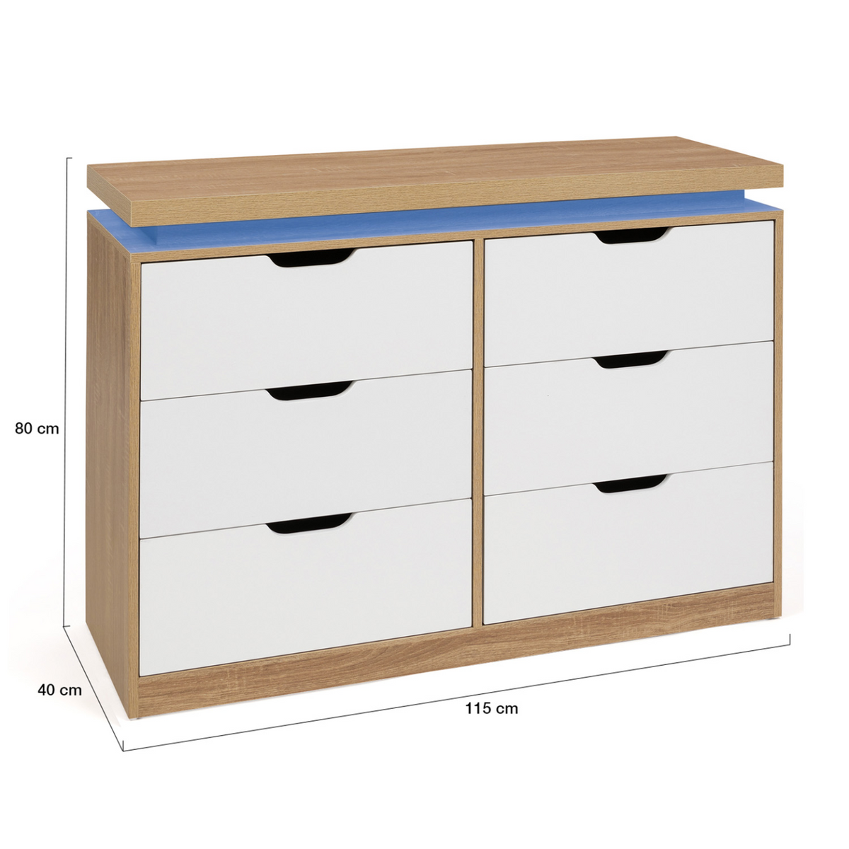 Commode 6 tiroirs LUNA à LEDS 115 cm blanc et effet bois