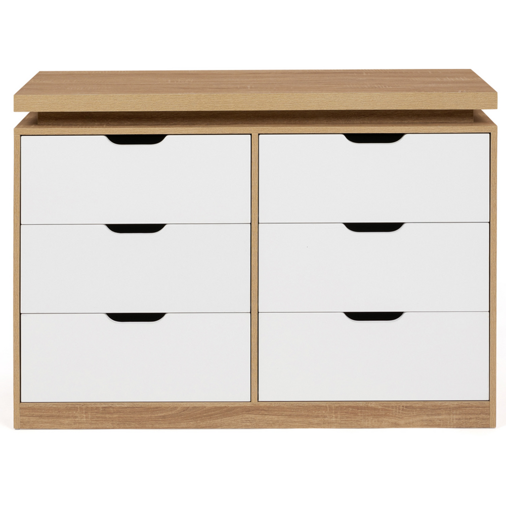 Commode 6 tiroirs LUNA à LEDS 115 cm blanc et effet bois
