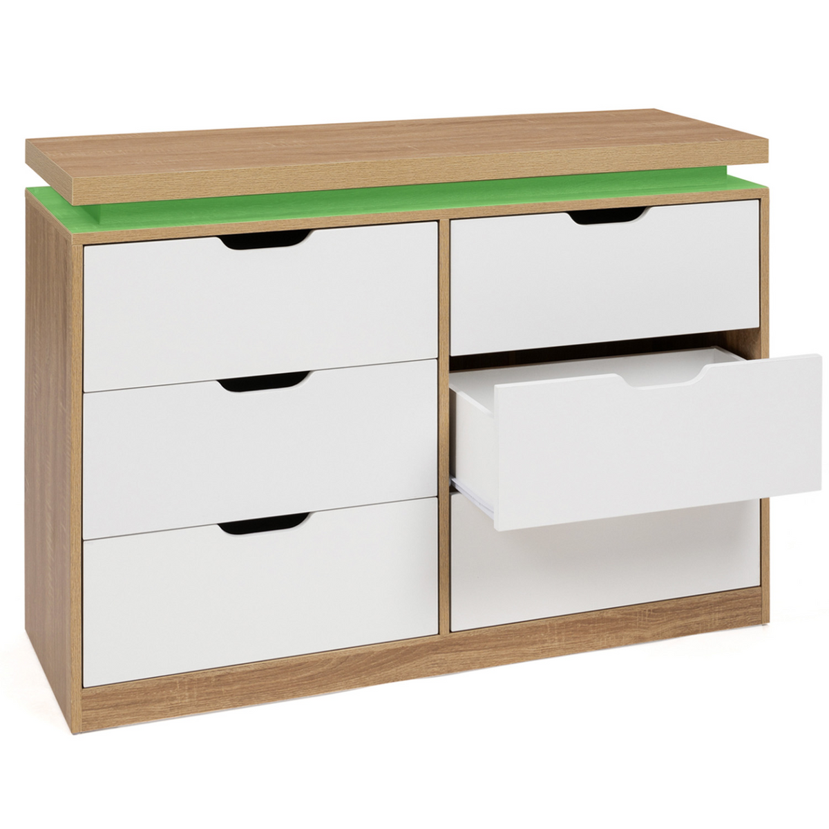 Commode 6 tiroirs LUNA à LEDS 115 cm blanc et effet bois