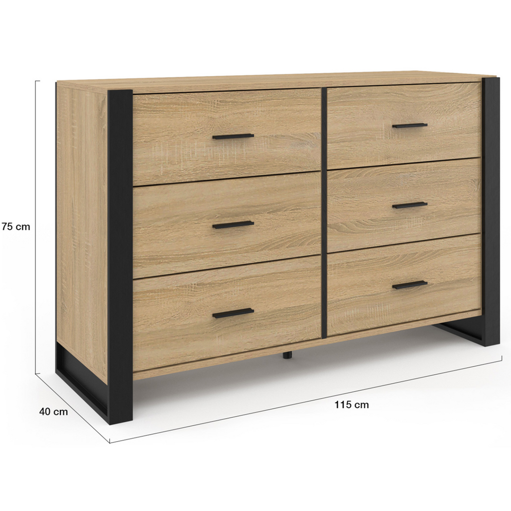 Commode 6 tiroirs ONYX 115 cm bois et noir