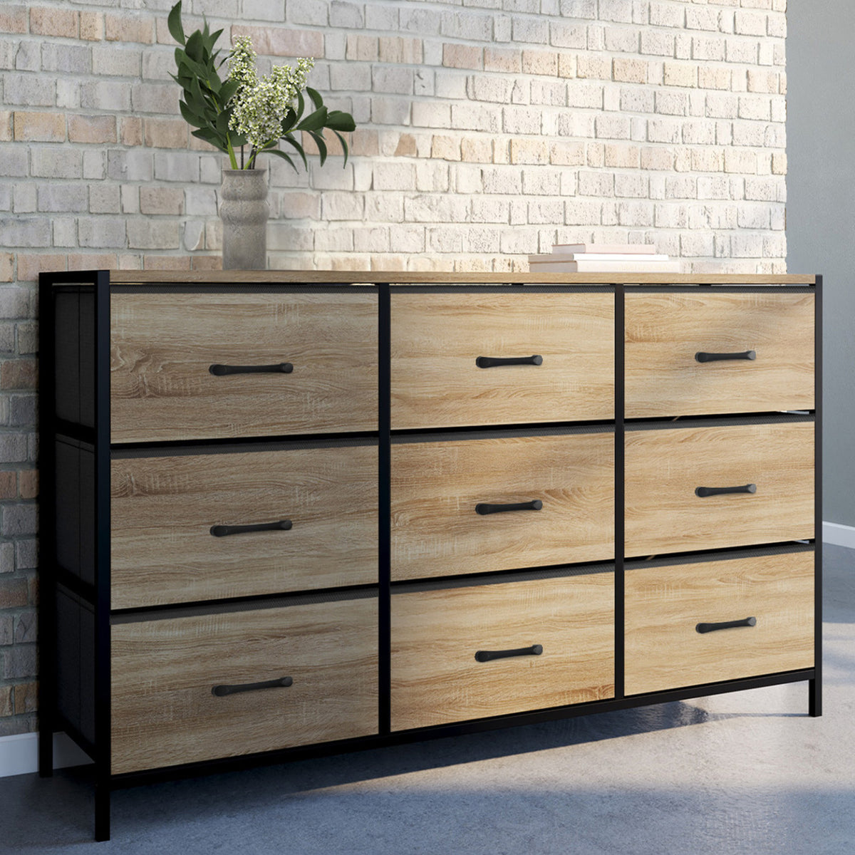 Commode 9 tiroirs en tissu UTAH 115 cm meuble de rangement design industriel