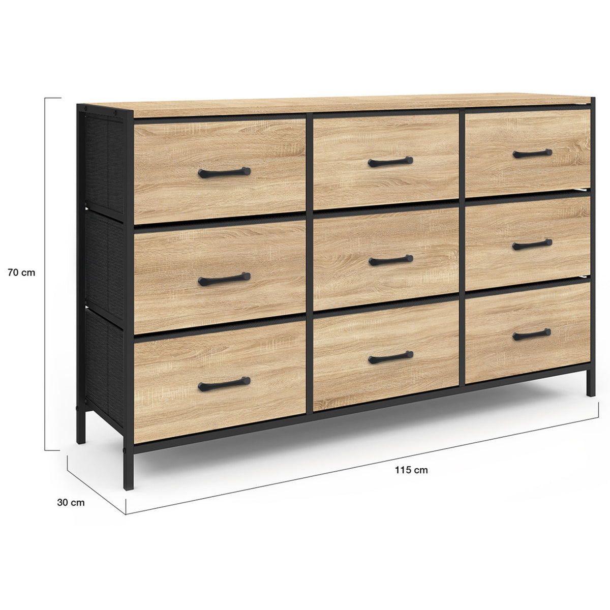 Commode 9 tiroirs en tissu UTAH 115 cm meuble de rangement design industriel