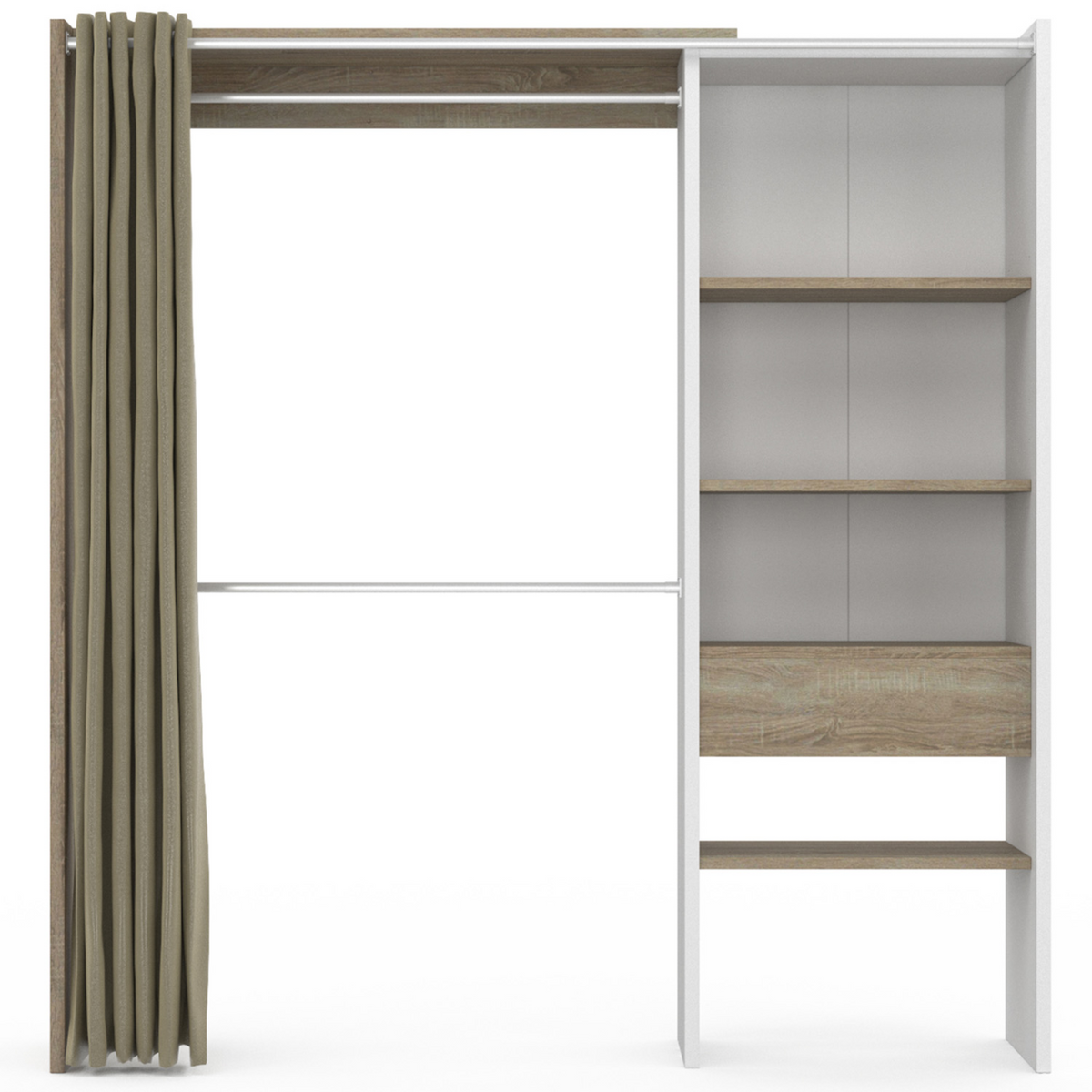 Dressing extensible MARTY 120/170 x 50 x 180 cm blanc avec étagères hêtre + double penderie + rideau taupe