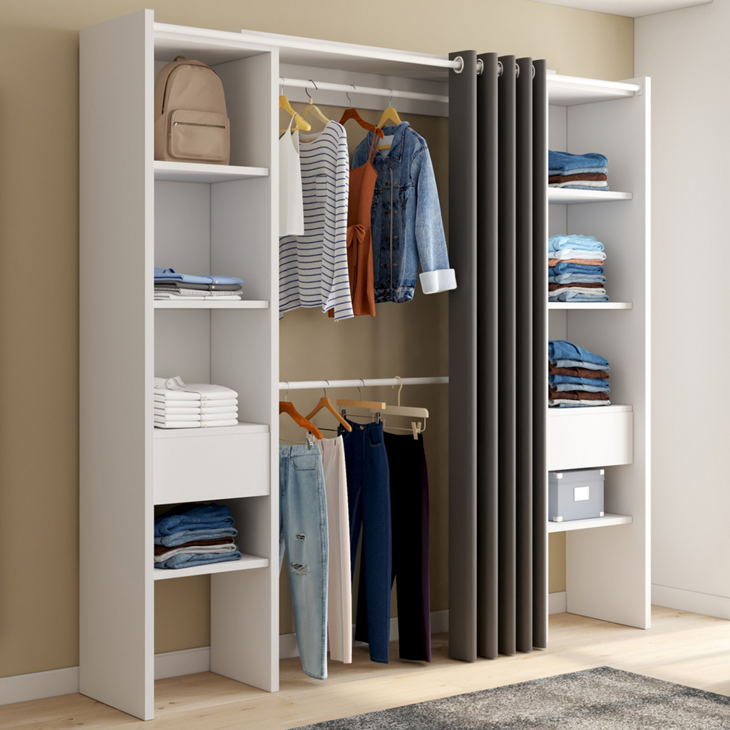 Dressing extensible double MERYL 120/180 x 50 x 180 cm blanc avec étagères + double penderie + rideau gris