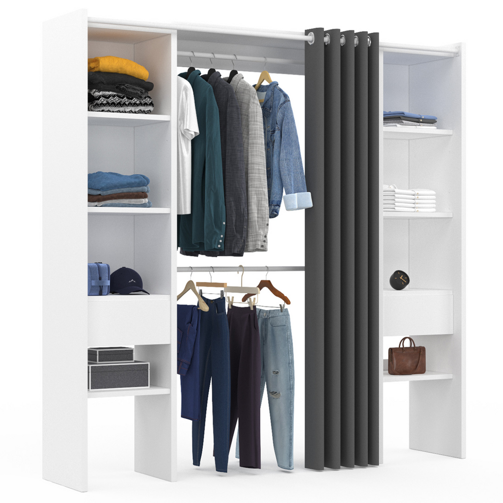Dressing extensible double MERYL 120/180 x 50 x 180 cm blanc avec étagères + double penderie + rideau gris