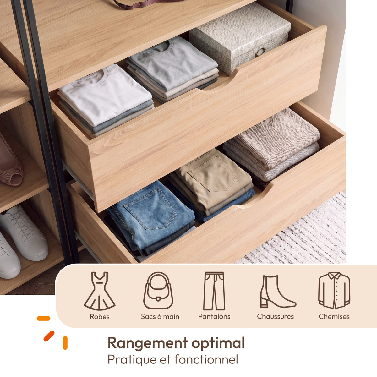 Dressing modulable double penderie étagères et 2 tiroirs DETROIT design industriel