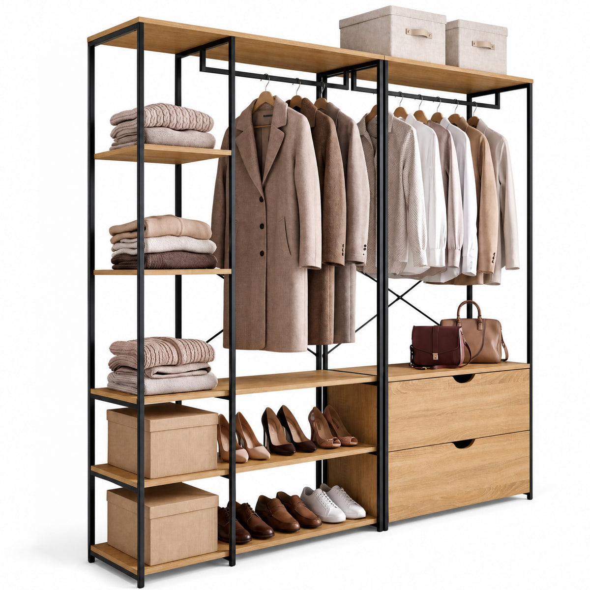 Dressing modulable double penderie étagères et 2 tiroirs DETROIT design industriel