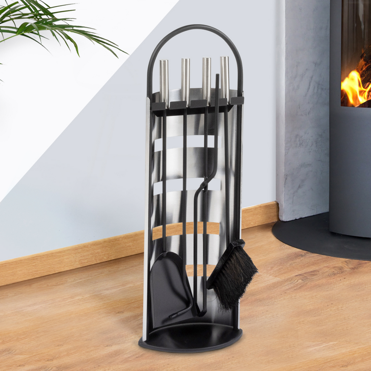 Ensemble serviteur de cheminée noir inox 5 éléments pelle balai tisonnier pince avec support