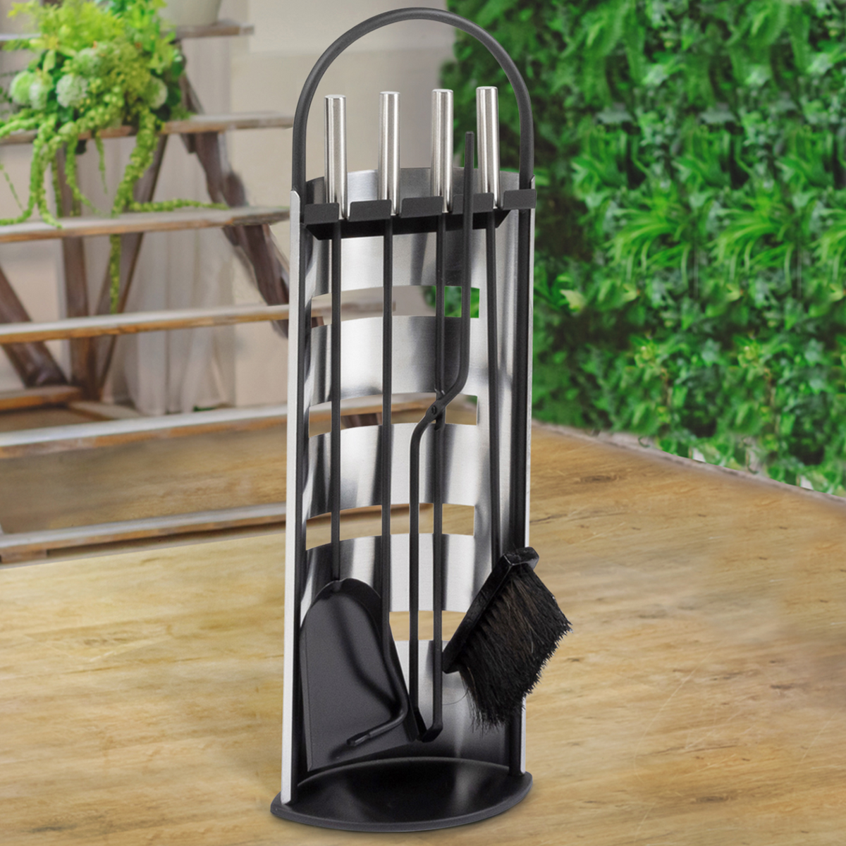 Ensemble serviteur de cheminée noir inox 5 éléments pelle balai tisonnier pince avec support
