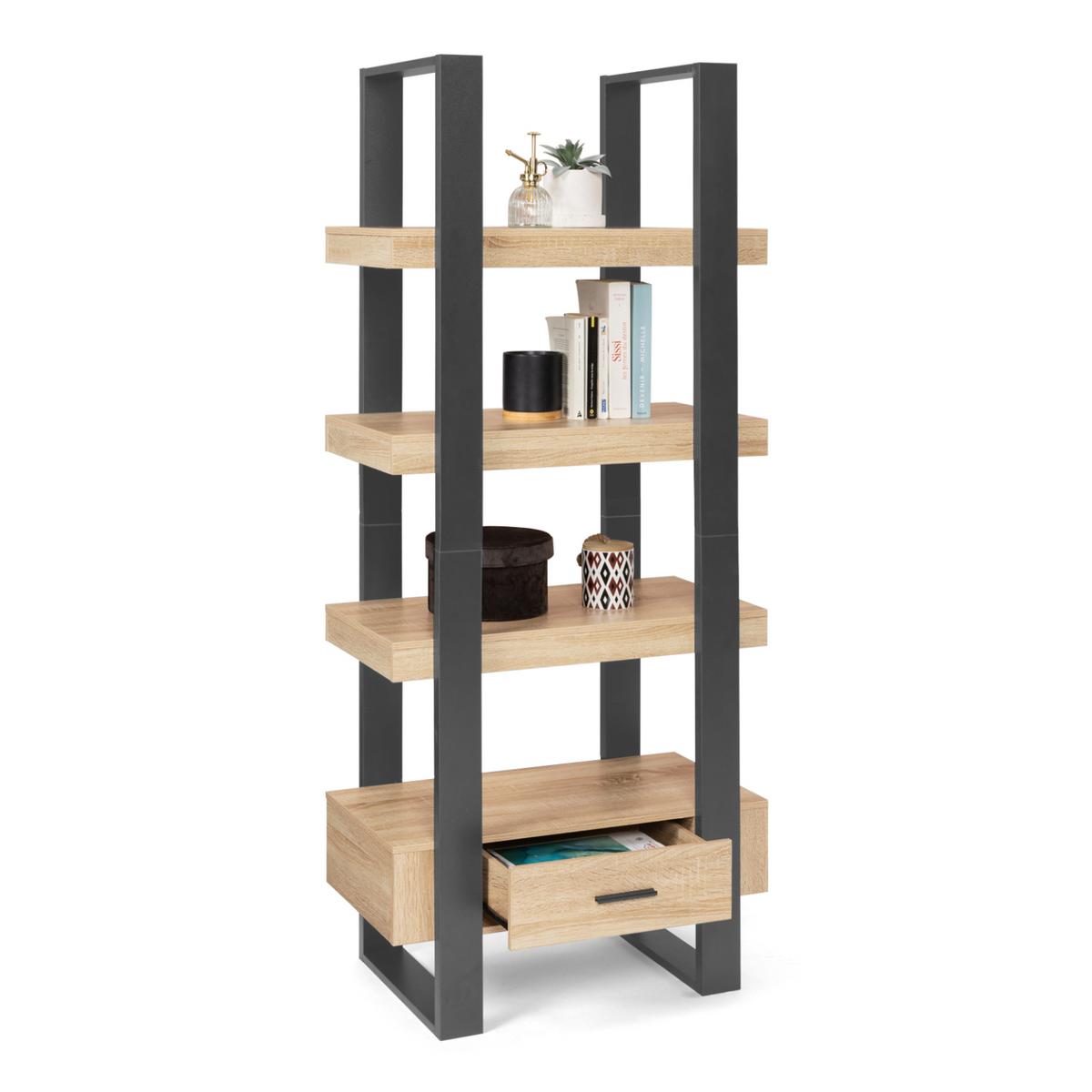Etagère 4 niveaux avec tiroir PHOENIX bois et noir