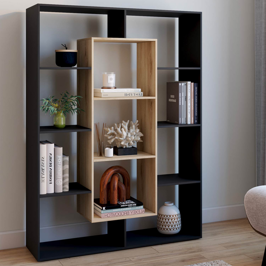 Etagère bibliothèque COLETTE avec 11 compartiments noir et effet bois 143 cm