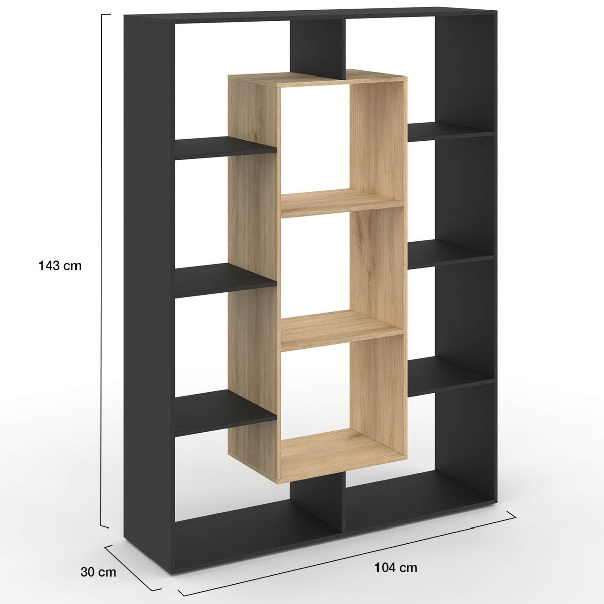Etagère bibliothèque COLETTE avec 11 compartiments noir et effet bois 143 cm