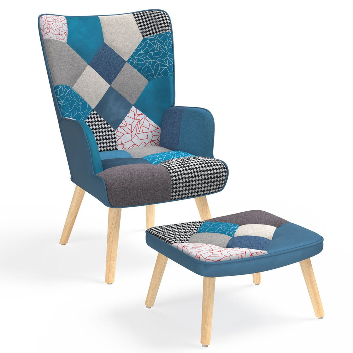 Fauteuil scandinave IVAR avec repose pieds en tissu patchwork et velours bleu