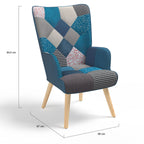 Fauteuil scandinave IVAR avec repose pieds en tissu patchwork et velours bleu