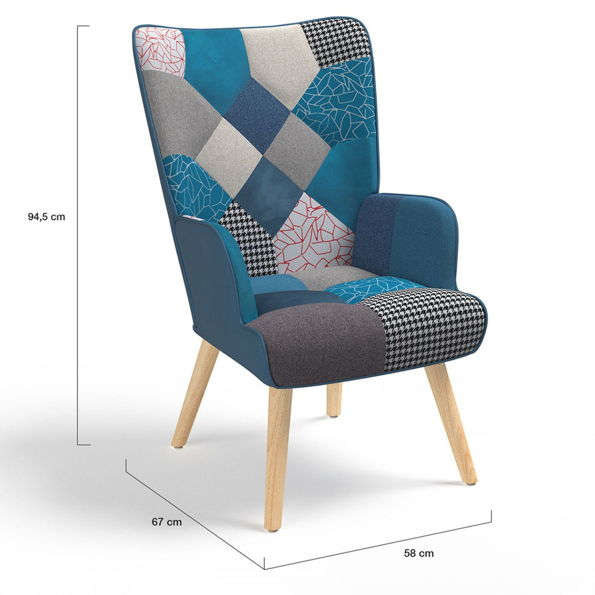 Fauteuil scandinave IVAR avec repose pieds en tissu patchwork et velours bleu