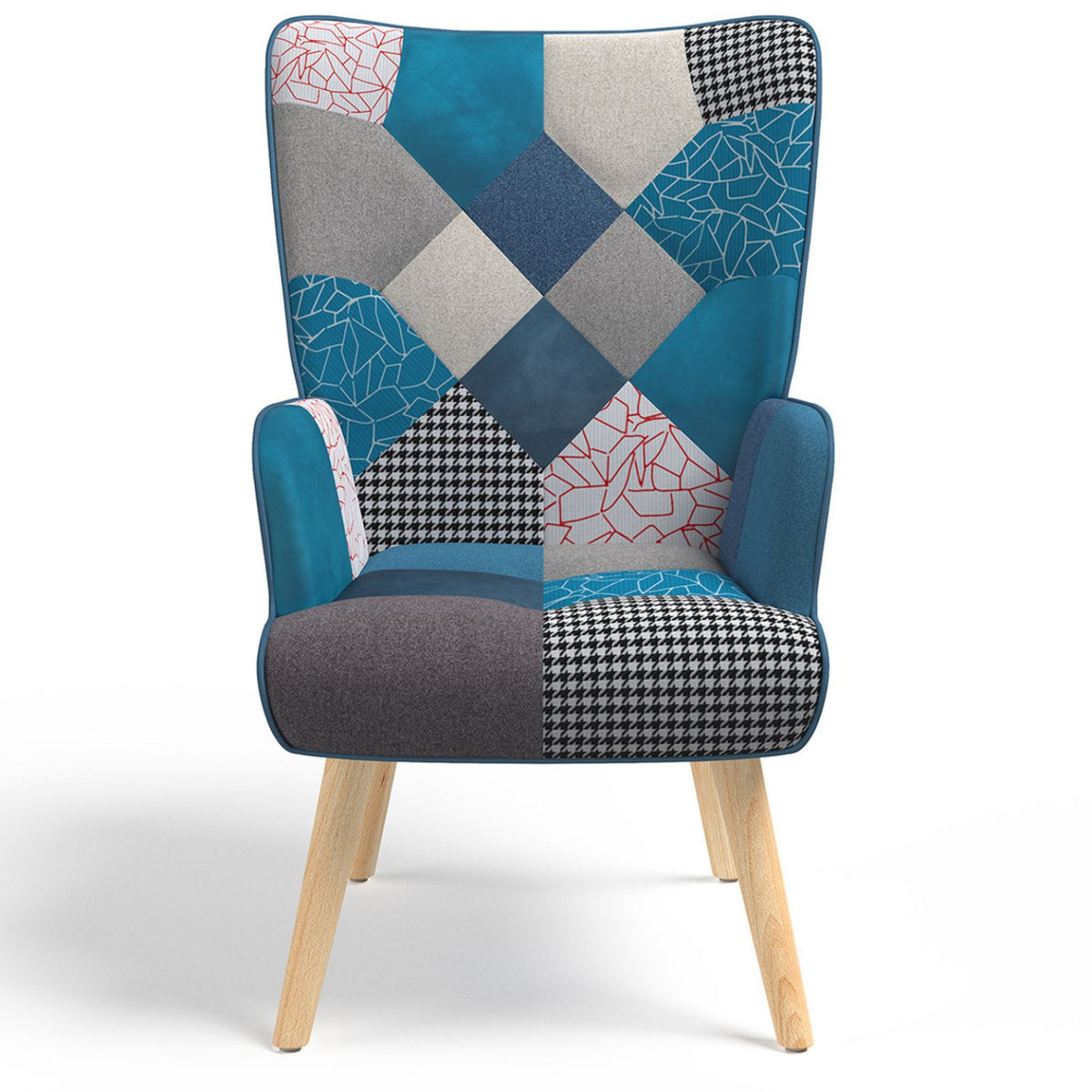 Fauteuil scandinave IVAR avec repose pieds en tissu patchwork et velours bleu
