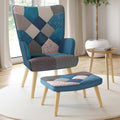 Fauteuil scandinave IVAR avec repose pieds en tissu patchwork et velours bleu