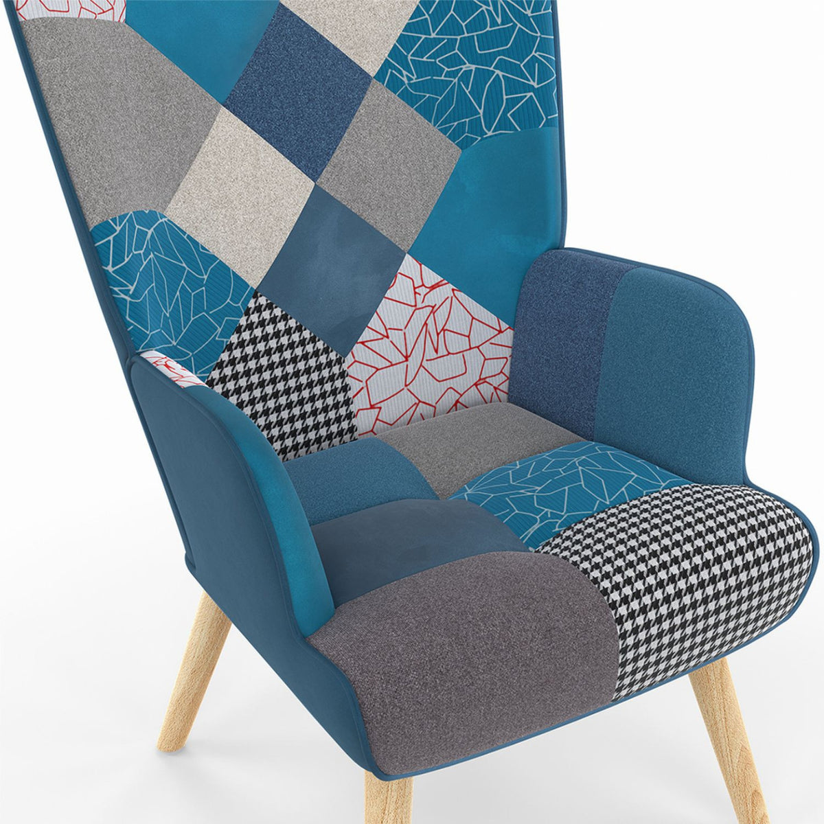 Fauteuil scandinave IVAR avec repose pieds en tissu patchwork et velours bleu