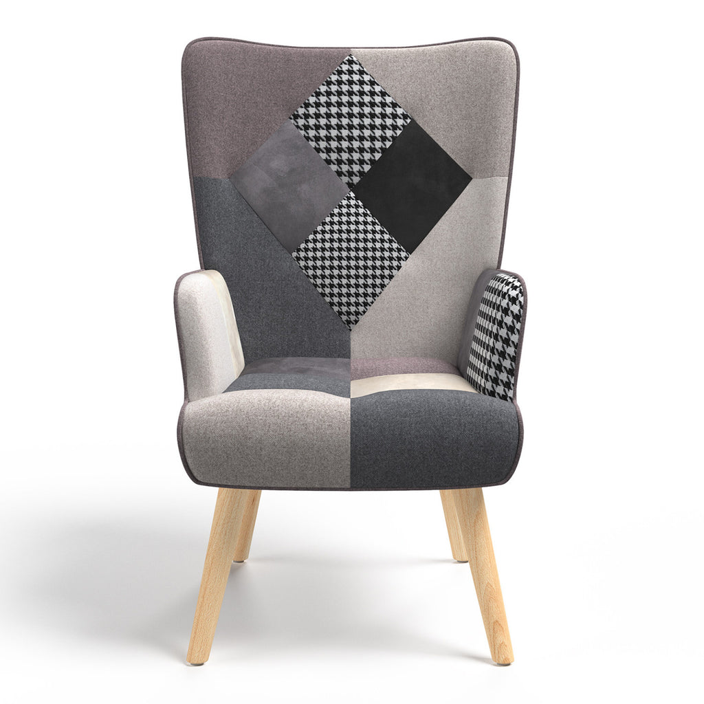 Fauteuil scandinave IVAR en tissu patchwork noir, gris et blanc