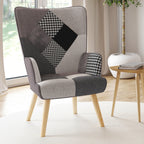 Fauteuil scandinave IVAR en tissu patchwork noir, gris et blanc