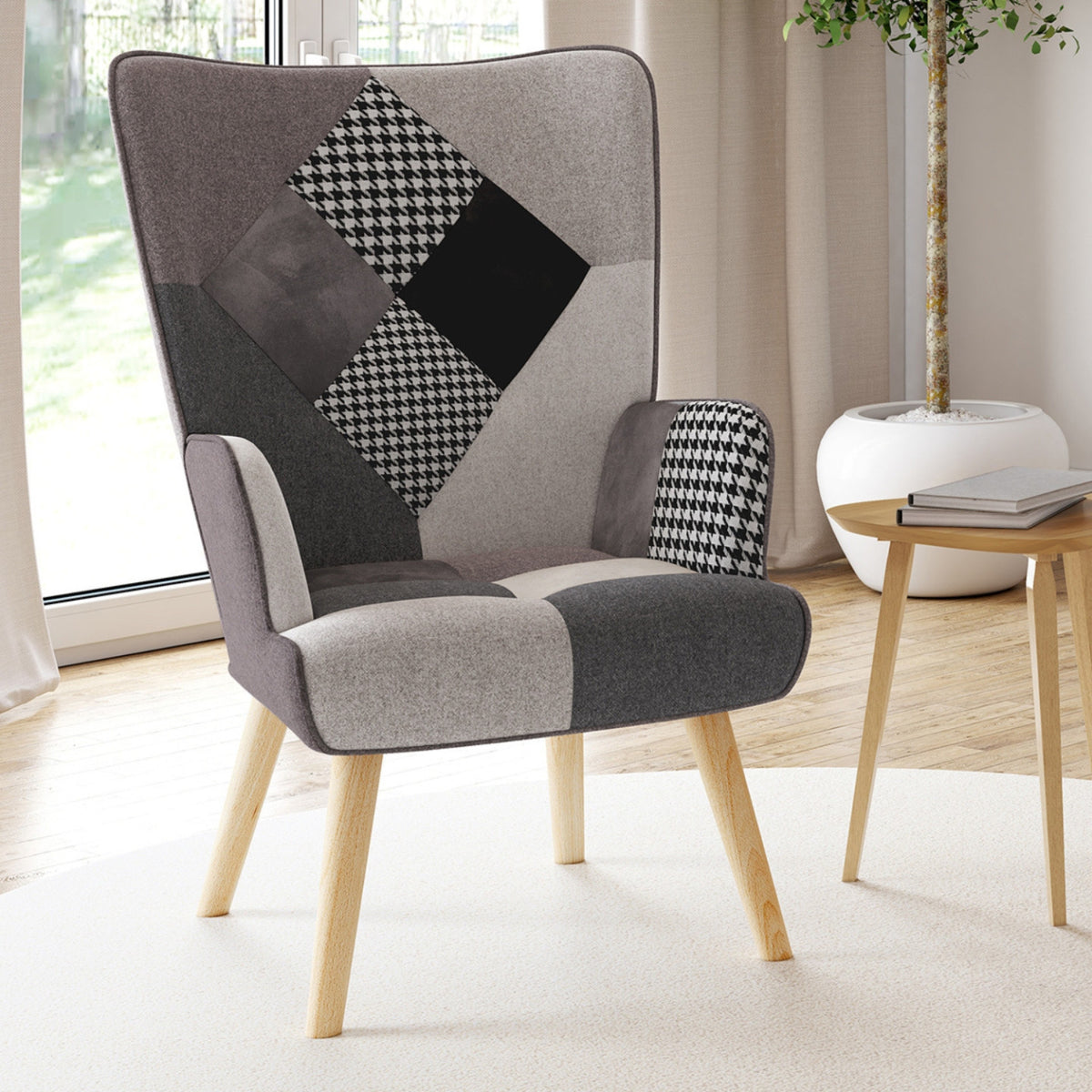 Fauteuil scandinave IVAR en tissu patchwork noir, gris et blanc