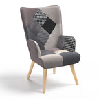 Fauteuil scandinave IVAR en tissu patchwork noir, gris et blanc