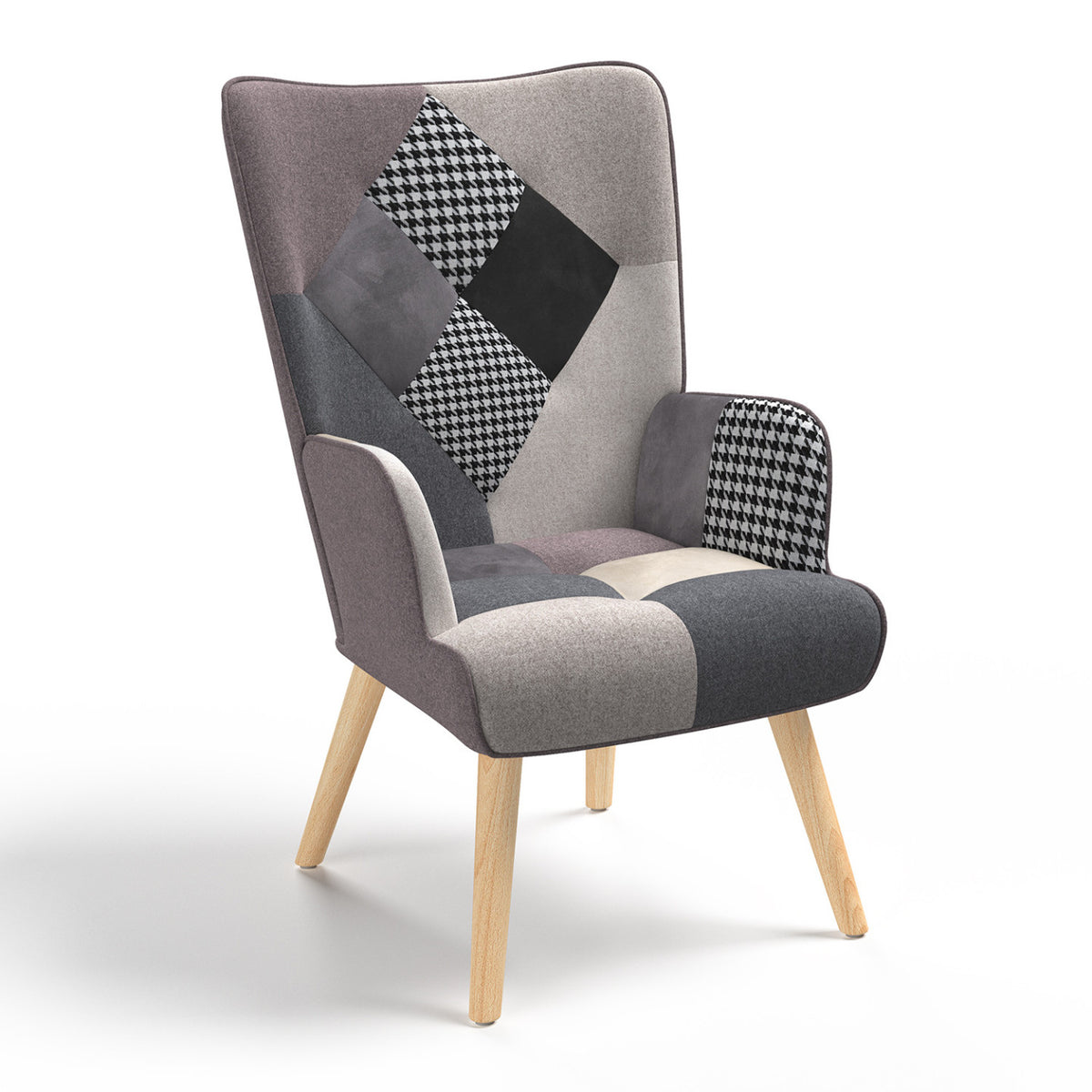 Fauteuil scandinave IVAR en tissu patchwork noir, gris et blanc