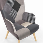 Fauteuil scandinave IVAR en tissu patchwork noir, gris et blanc