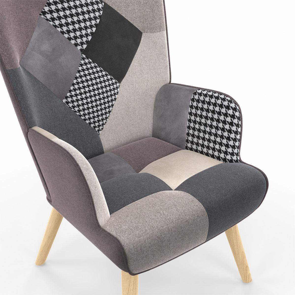 Fauteuil scandinave IVAR en tissu patchwork noir, gris et blanc
