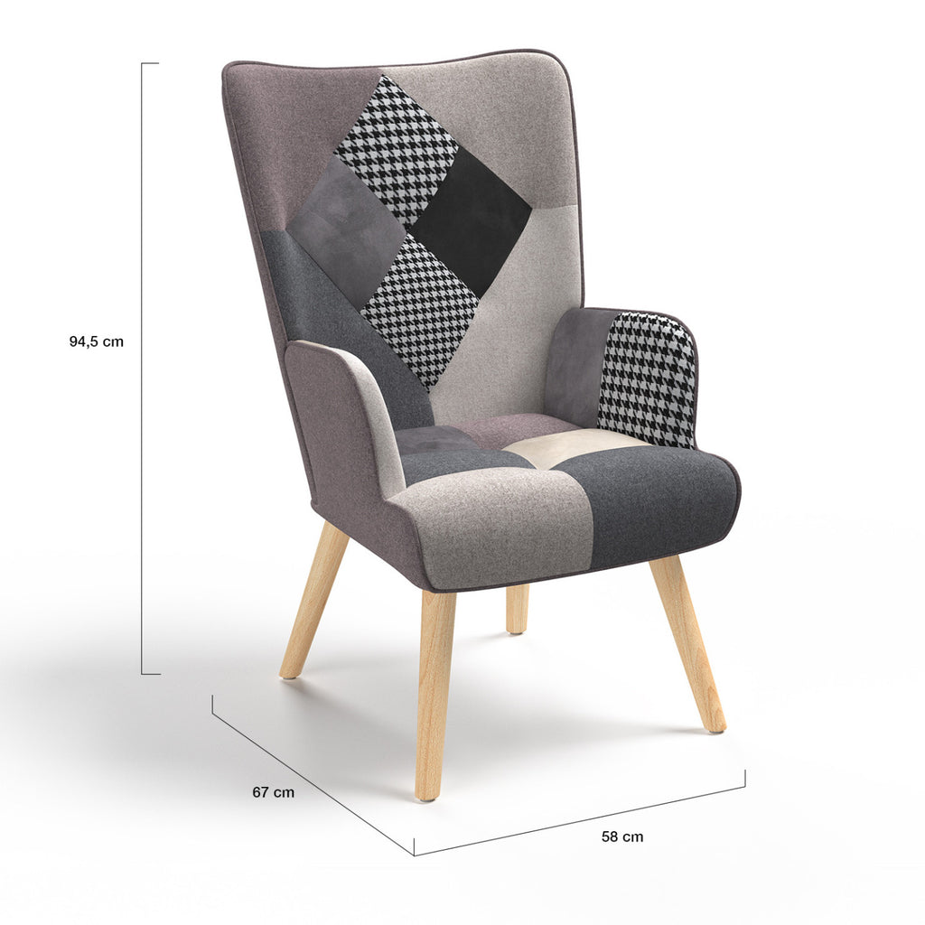 Fauteuil scandinave IVAR en tissu patchwork noir, gris et blanc