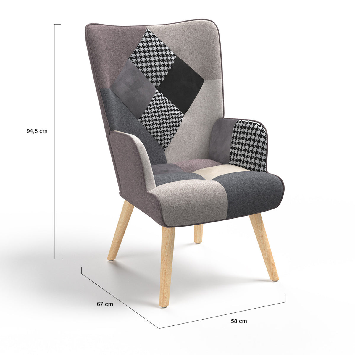 Fauteuil scandinave IVAR en tissu patchwork noir, gris et blanc