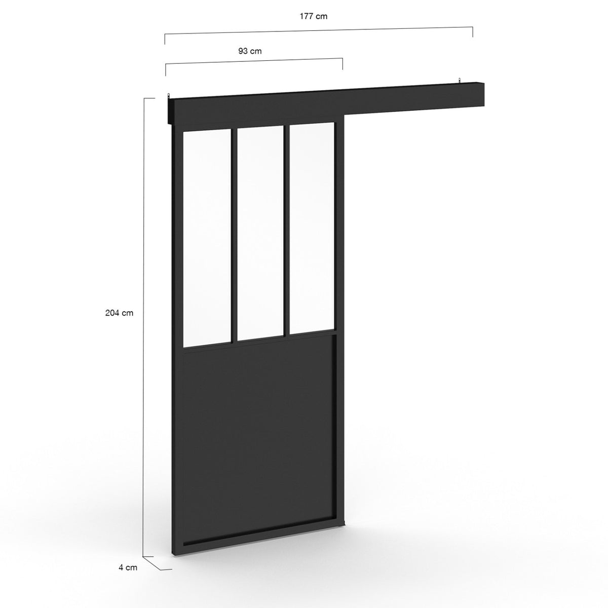Kit porte coulissante verrière verre trempé 93 cm en métal + MDF avec rail et fixations