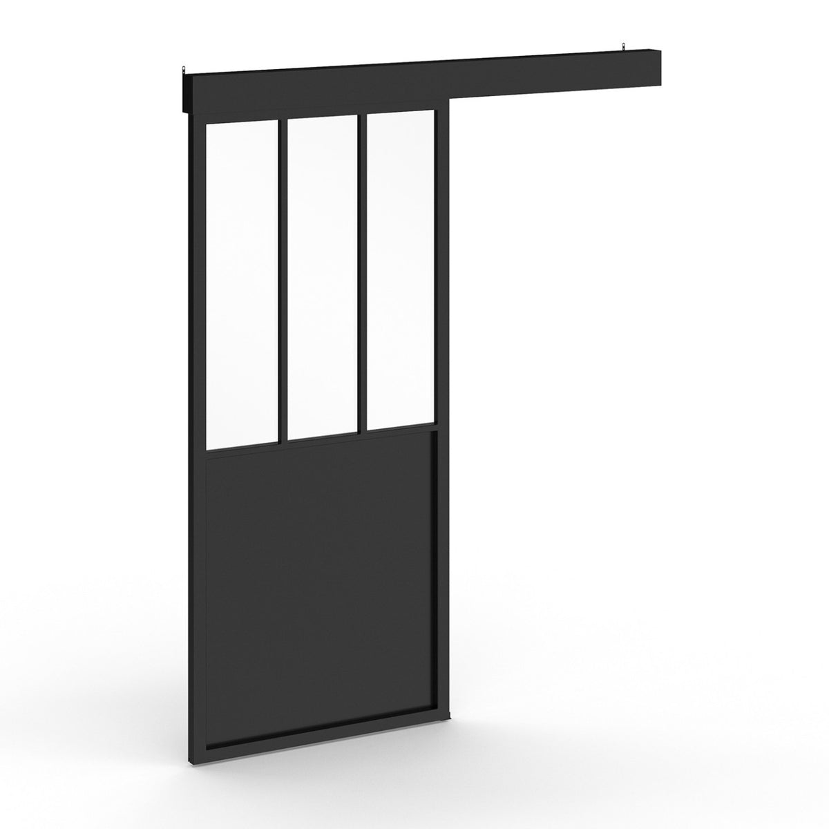 Kit porte coulissante verrière verre trempé 93 cm en métal + MDF avec rail et fixations