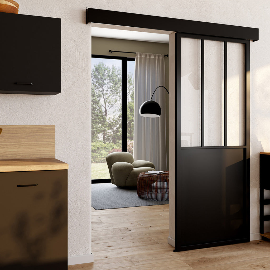 Kit porte coulissante verrière verre trempé 93 cm en métal + MDF avec rail et fixations