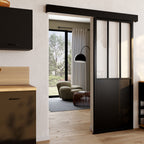 Kit porte coulissante verrière verre trempé 93 cm en métal + MDF avec rail et fixations