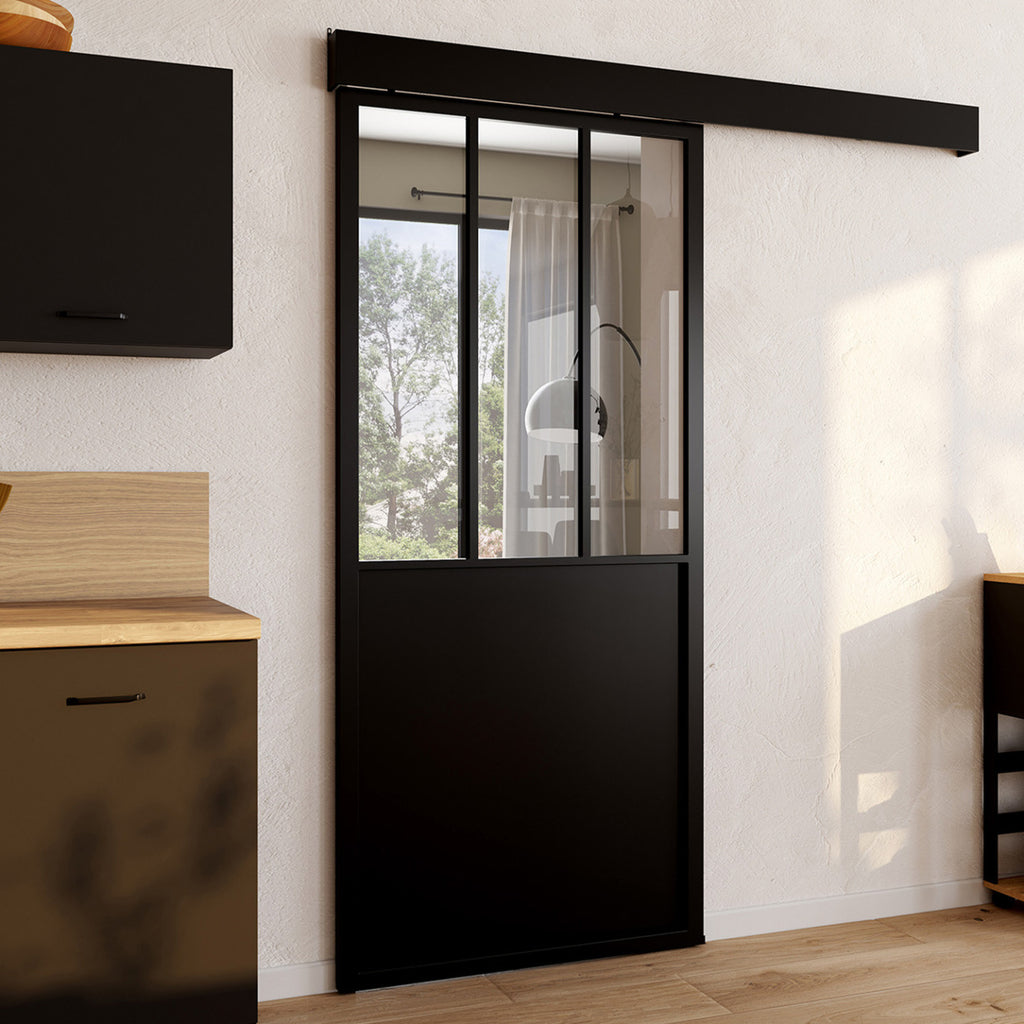 Kit porte coulissante verrière verre trempé 93 cm en métal + MDF avec rail et fixations