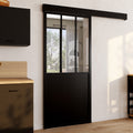 Kit porte coulissante verrière verre trempé 93 cm en métal + MDF avec rail et fixations