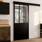 Kit porte coulissante verrière verre trempé 93 cm en métal + MDF avec rail et fixations