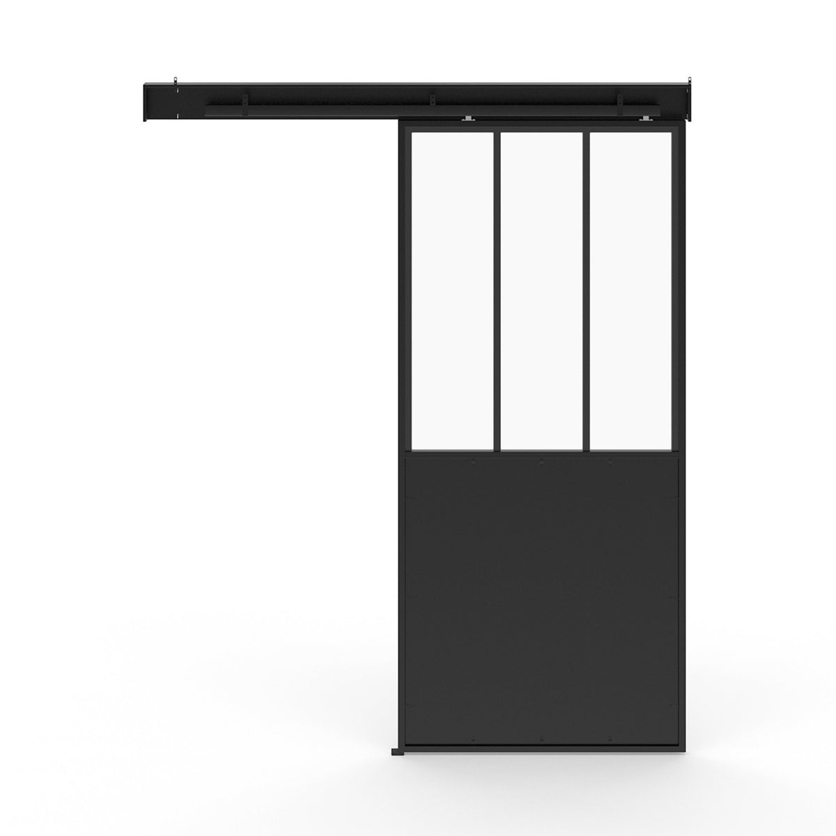 Kit porte coulissante verrière verre trempé 93 cm en métal + MDF avec rail et fixations