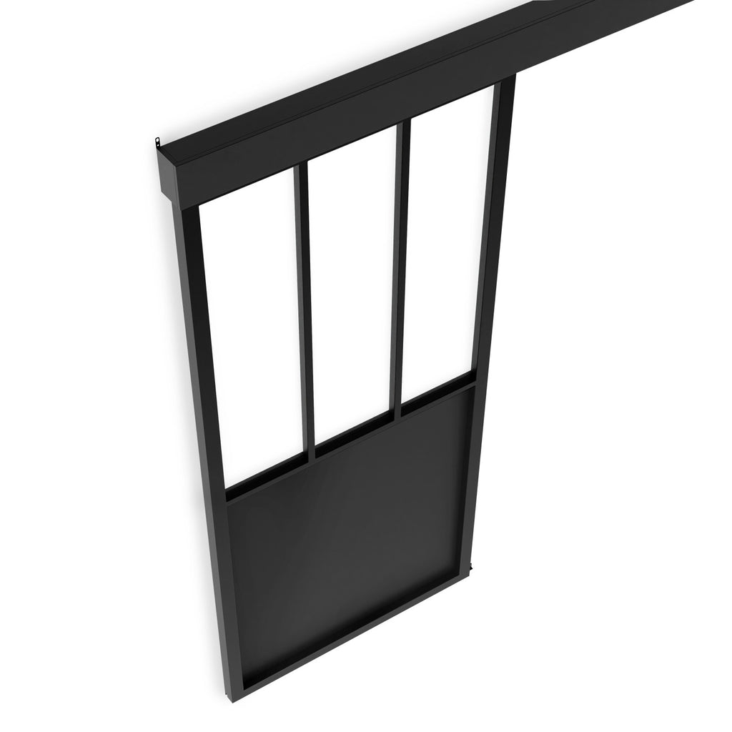 Kit porte coulissante verrière verre trempé 93 cm en métal + MDF avec rail et fixations
