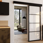Kit porte coulissante vitrée verre trempé 83 cm en métal + MDF avec rail et fixations