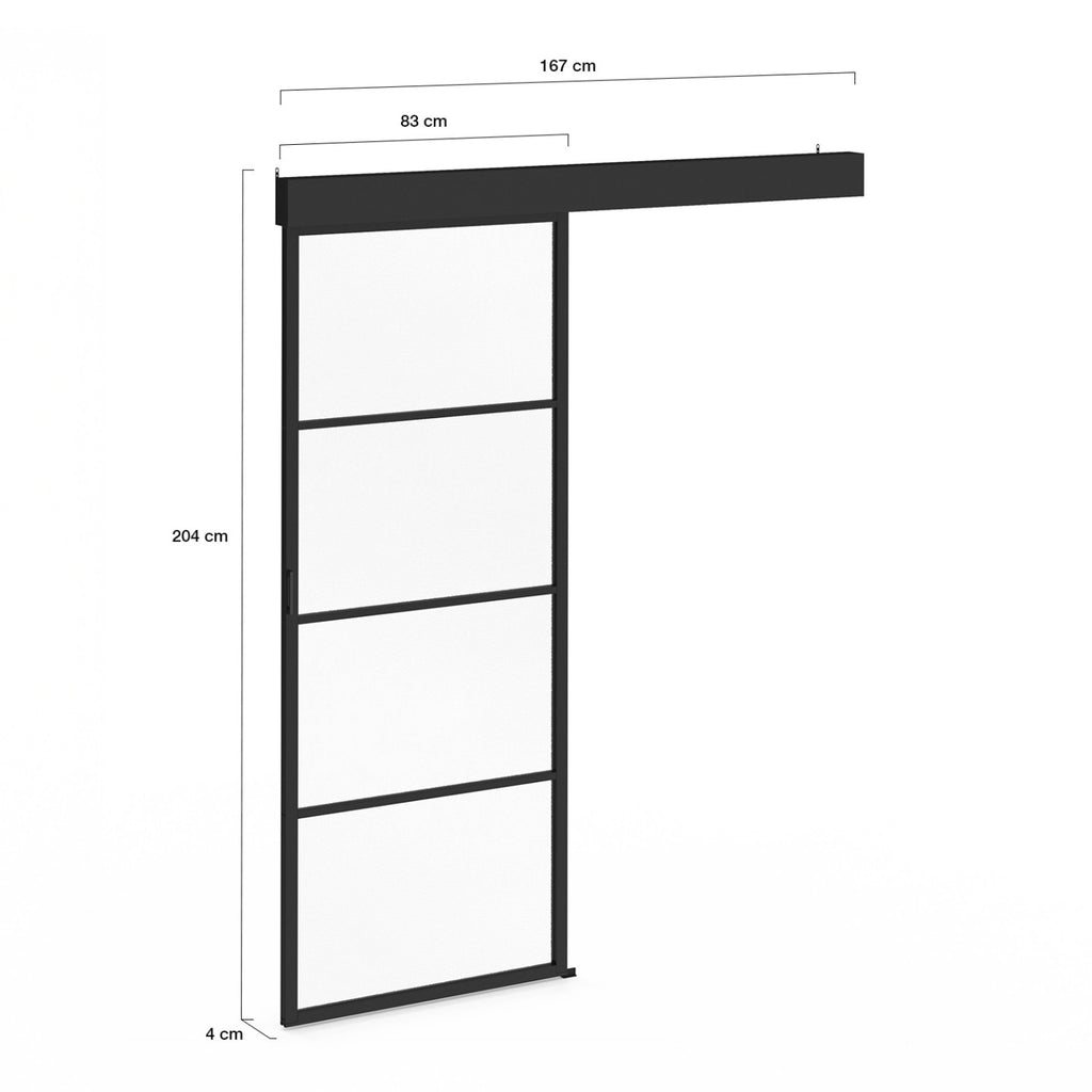 Kit porte coulissante vitrée verre trempé 83 cm en métal + MDF avec rail et fixations