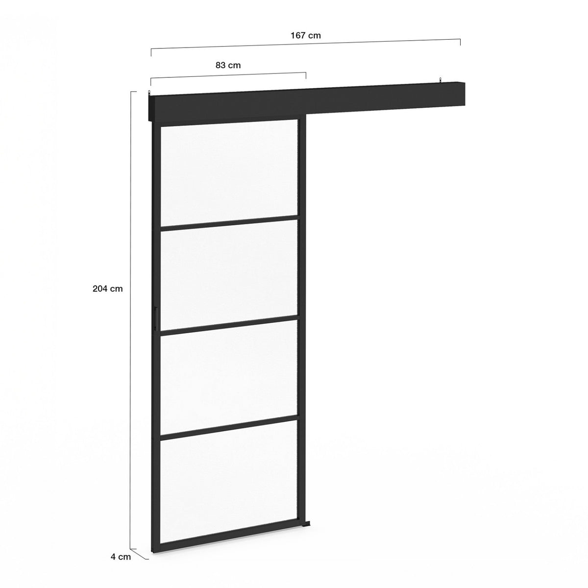 Kit porte coulissante vitrée verre trempé 83 cm en métal + MDF avec rail et fixations