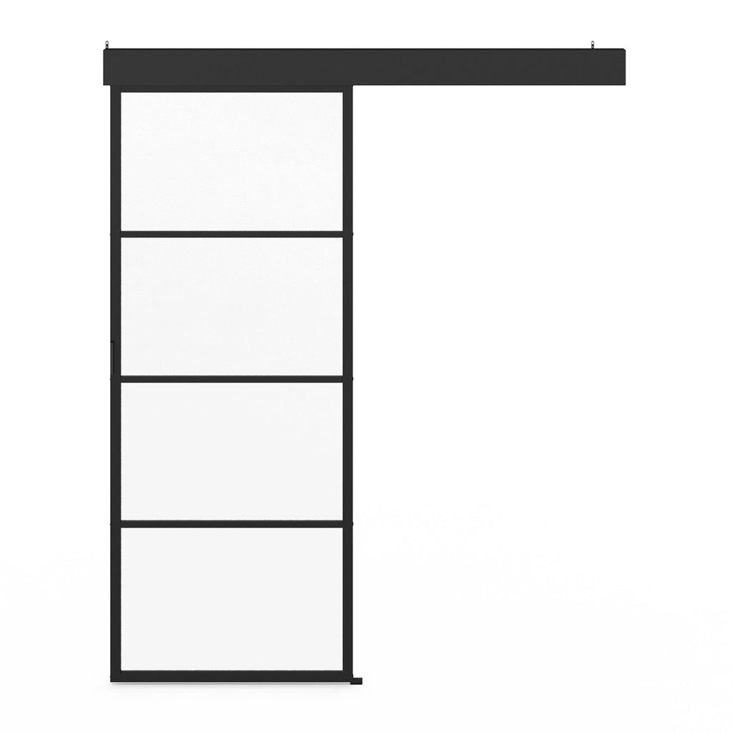 Kit porte coulissante vitrée verre trempé 83 cm en métal + MDF avec rail et fixations