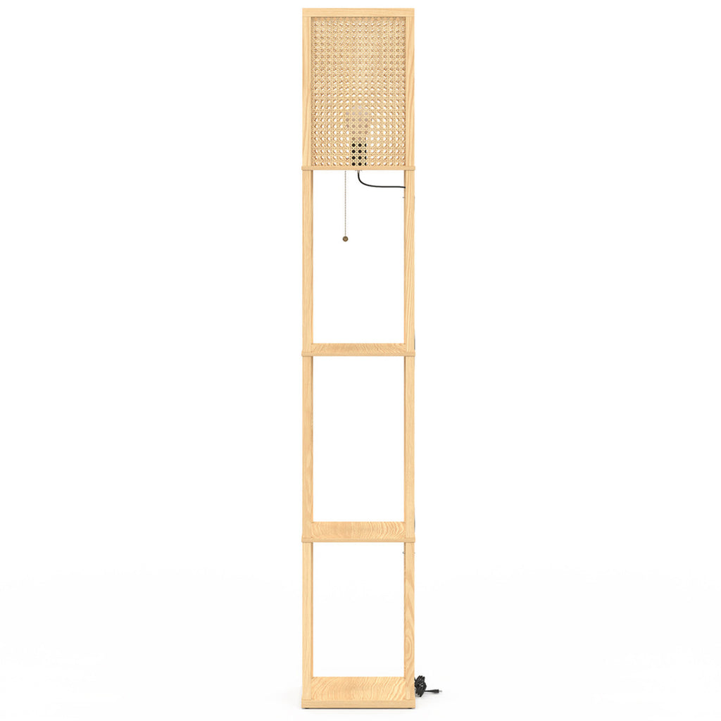 Lampadaire naturel en bois clair avec étagères et abat-jour carré effet cannage