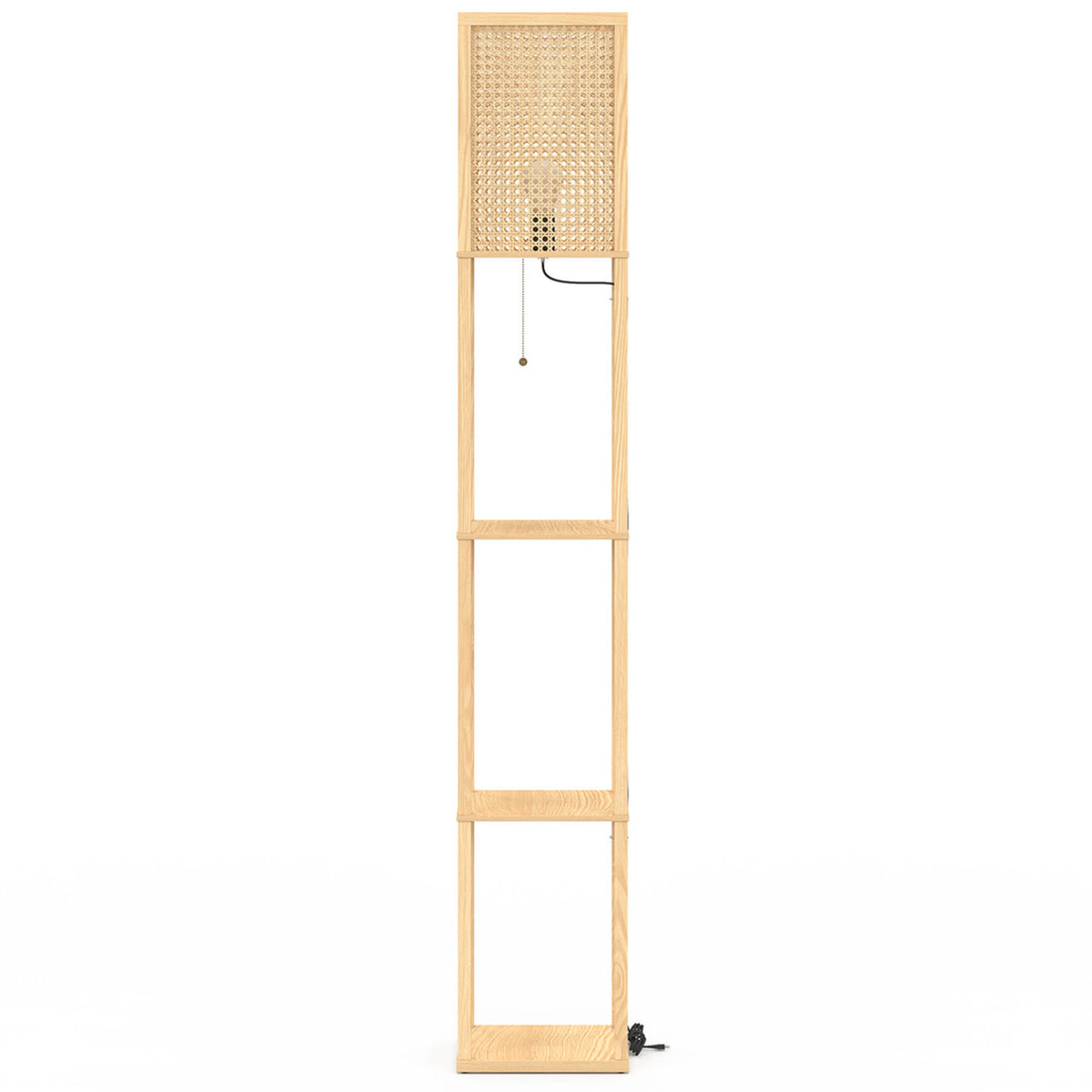 Lampadaire naturel en bois clair avec étagères et abat-jour carré effet cannage